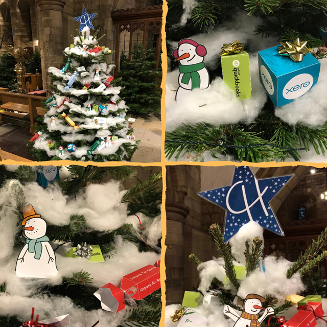 A collage of our Christmas Tree. Designed with fake snow, handmade crackers, snowmen and presents with cloud accounting logos on them.
