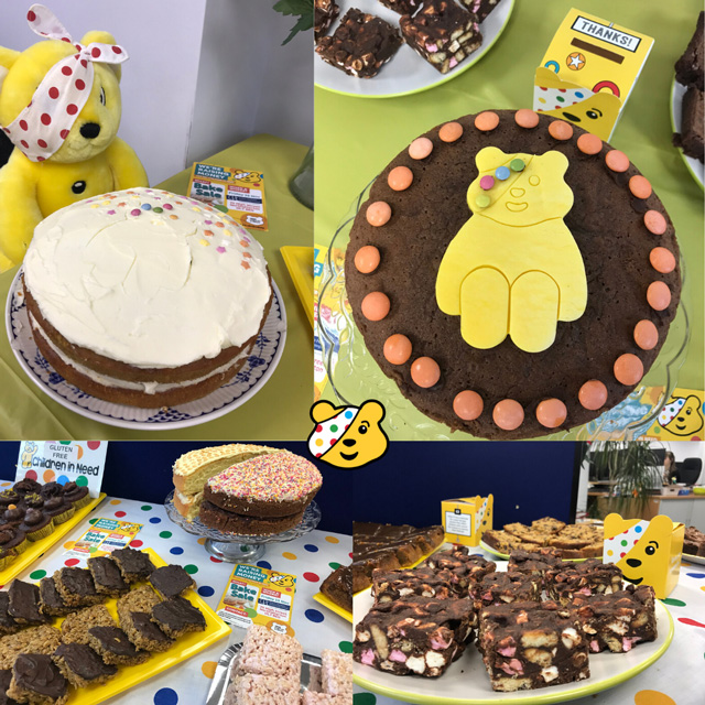 A selection of chocolate and pudsey themed cakes being sold for BBC Children in Need