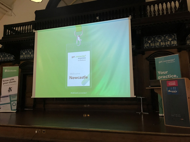 Presentation board saying 'Get Connected Express' by Quickbooks. Welcome Newcastle.