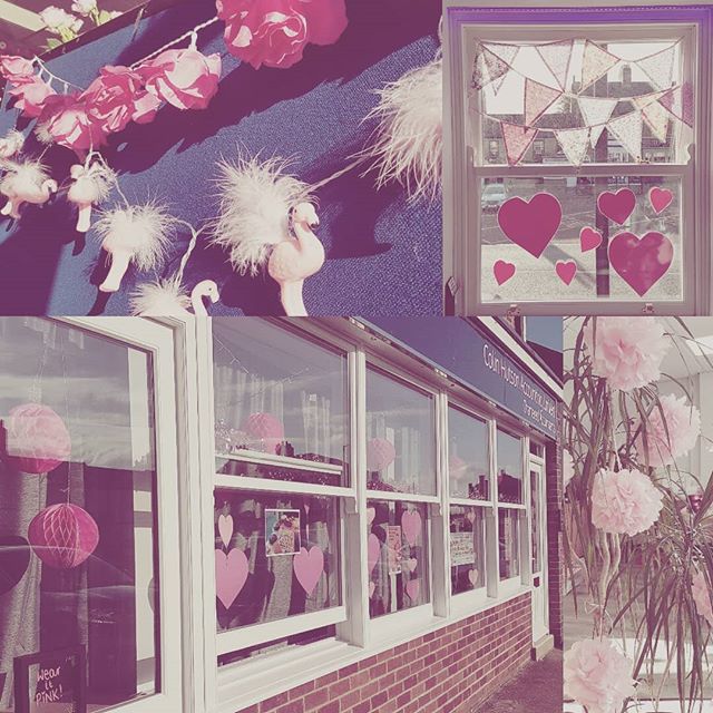 A collage of photographs showing pink flamingo lights, heart shapes on display, pink flowers and a window display
