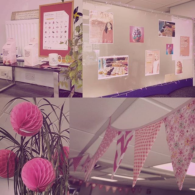 A collage of photographs showing pink fairylights, bunting and more for cancer awareness