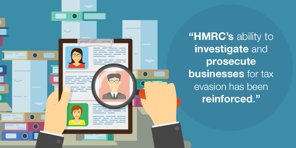 Illustration with magnifying glass and text: HMRC's ability to investigate and prosecute
businesses for tax evasion has been reinforced.