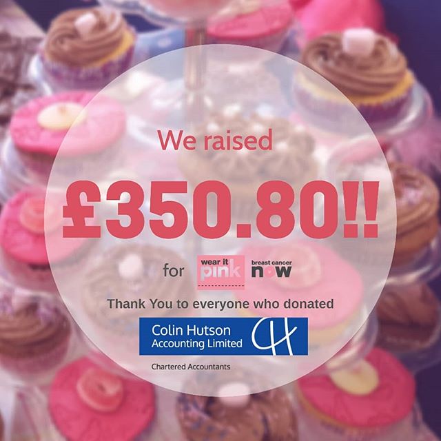 An image of text saying we raised £350.80 for charity and thanking everyone who donated at Colin Hutson Accounting
